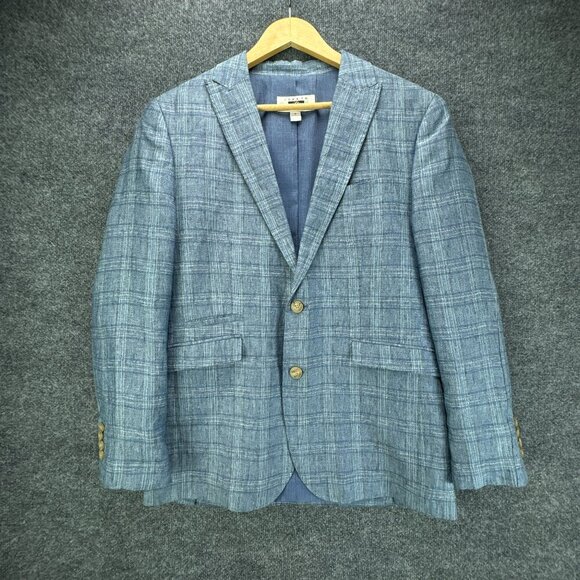 Joseph Abboud Sport Coat Mens Small Blue 100% Linen Plaid Jacket Blazer - Picture 1 of 16